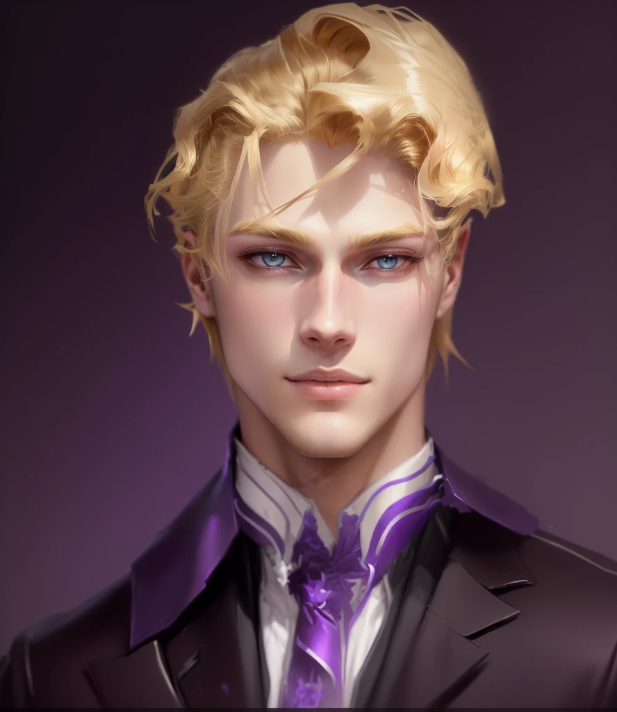 Close-up of a man with blond hair and a purple shirt, beautiful androgynous prince, gentle androgynous prince, handsome guy in demon slayer art, Jojo in anime style, Johan Liebert teaming up with Alucard, made in an anime artist&#39;s studio, Anime portrait of a handsome man, Johann Liebert and Dante, drawn in an anime artist&#39;s studio, androgynous face, Style by NTY, dark, colorful, Kira Yoshikage, kira yoshikage, formal, striped, suit, necktie