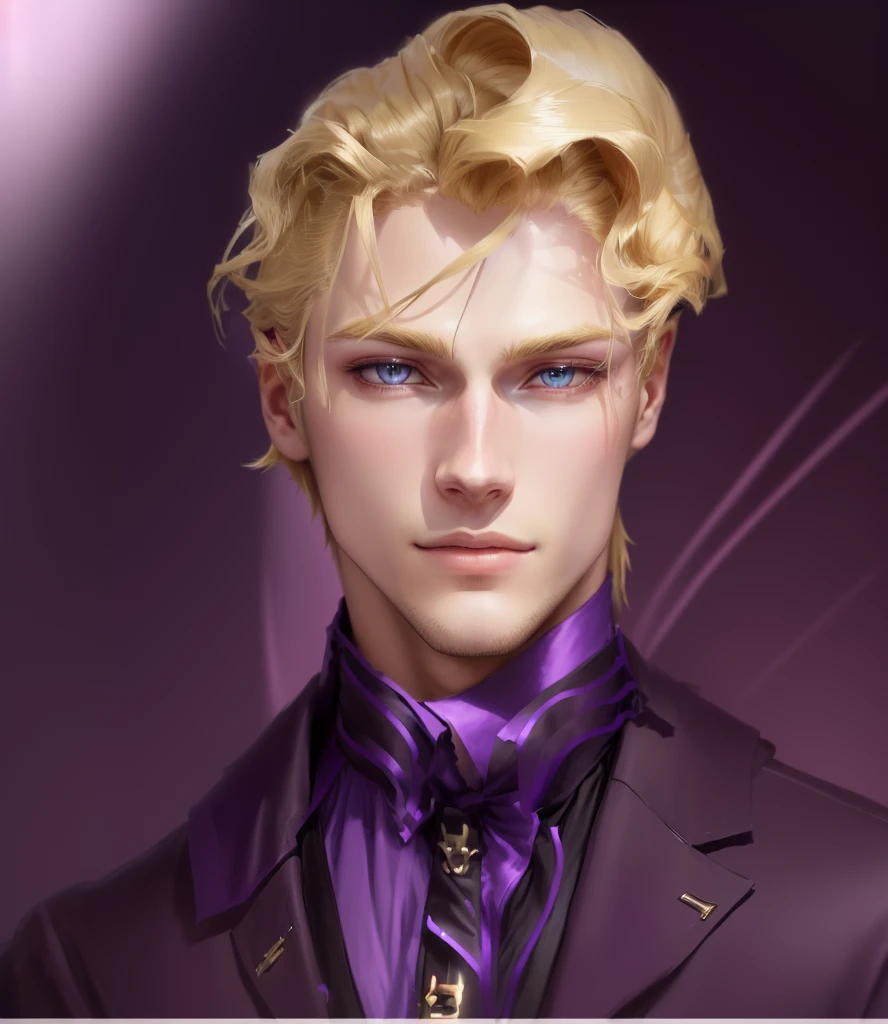 Close-up of a man with blond hair and a purple shirt, beautiful androgynous prince, gentle androgynous prince, handsome guy in demon slayer art, Jojo in anime style, Johan Liebert teaming up with Alucard, made in an anime artist&#39;s studio, Anime portrait of a handsome man, Johann Liebert and Dante, drawn in an anime artist&#39;s studio, androgynous face, Style by NTY, dark, colorful, Kira Yoshikage, kira yoshikage, formal, striped, suit, necktie