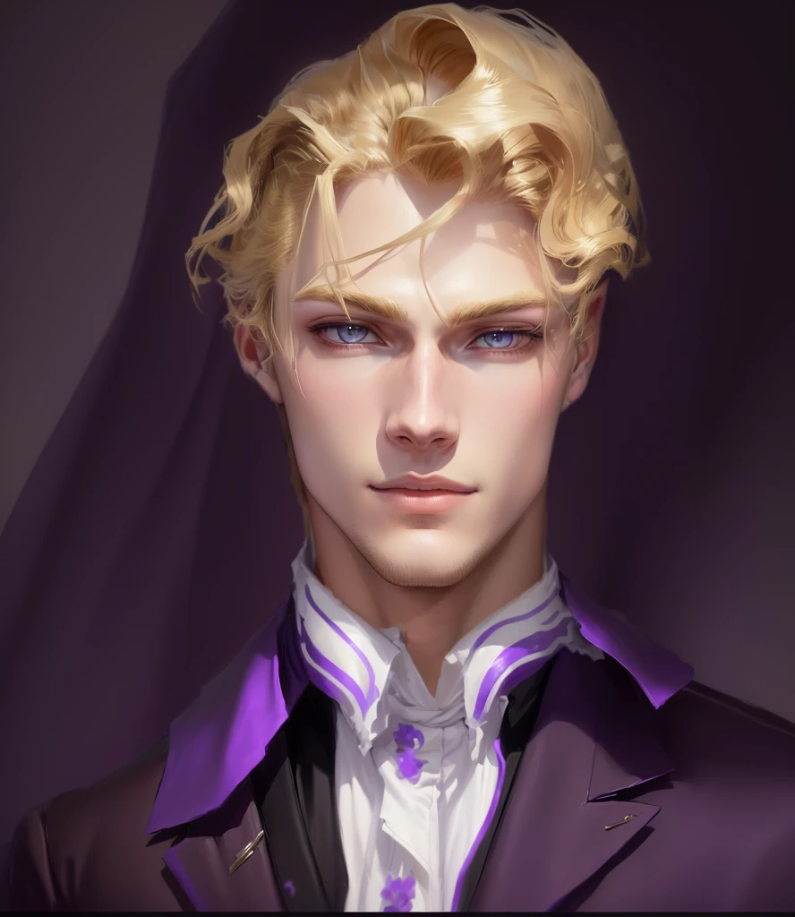 Close-up of a man with blond hair and a purple shirt, beautiful androgynous prince, gentle androgynous prince, handsome guy in demon slayer art, Jojo in anime style, Johan Liebert teaming up with Alucard, made in an anime artist&#39;s studio, Anime portrait of a handsome man, Johann Liebert and Dante, drawn in an anime artist&#39;s studio, androgynous face, Style by NTY, dark, colorful, Kira Yoshikage, kira yoshikage, formal, striped, suit, necktie