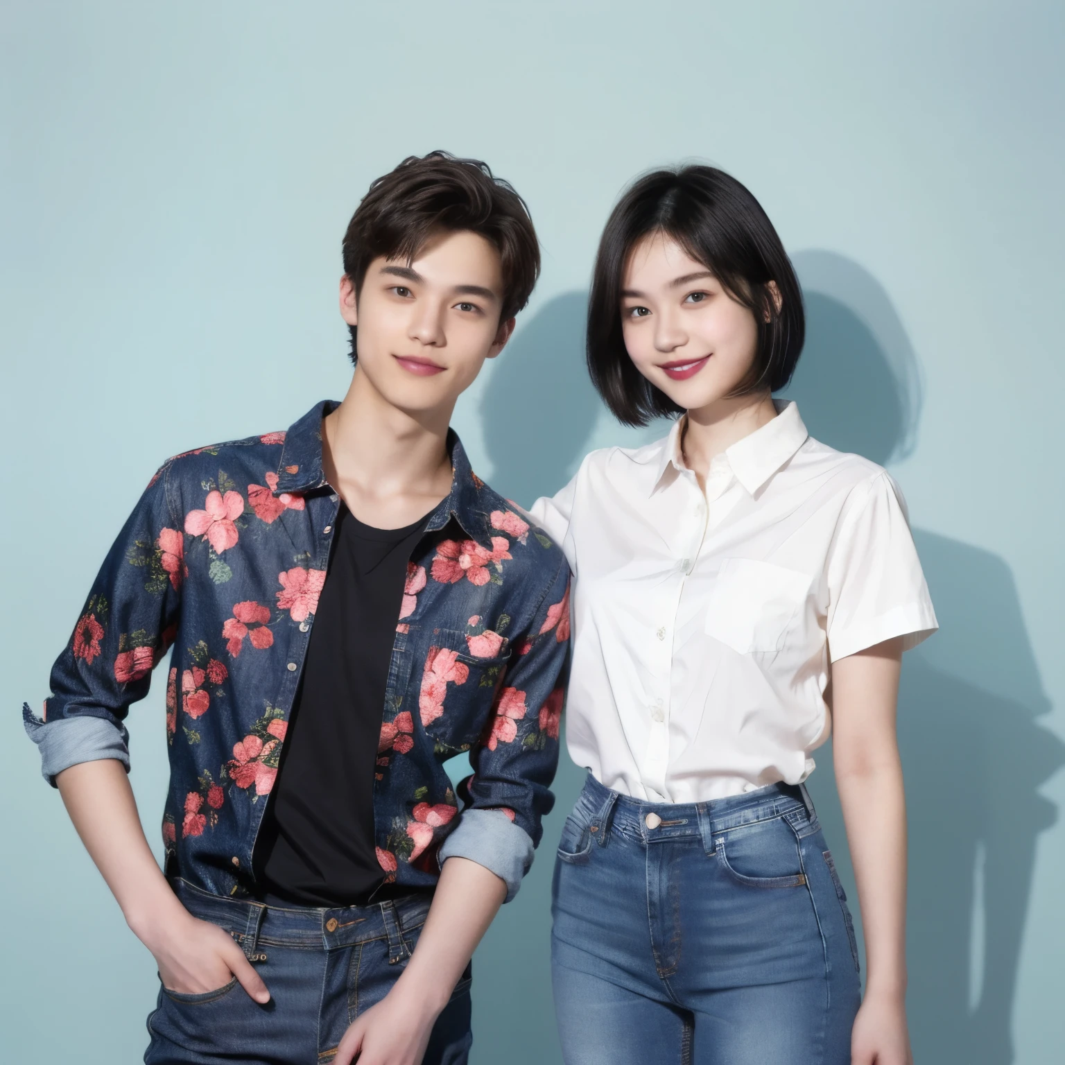 251 (An 18-year-old female and an 18-year-old male), (short hair),kind, lipstick, (jeans), (FloralTshirt), smile