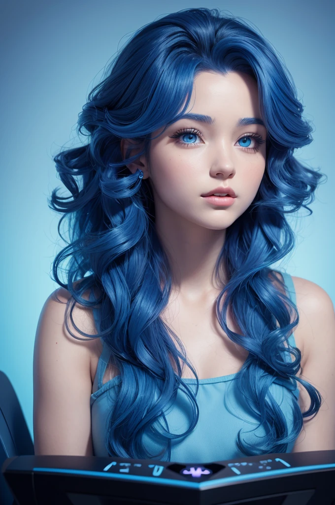 Disney-style drawing Woman playing video games with curly hair completed with a blue gradient at the end of her hair