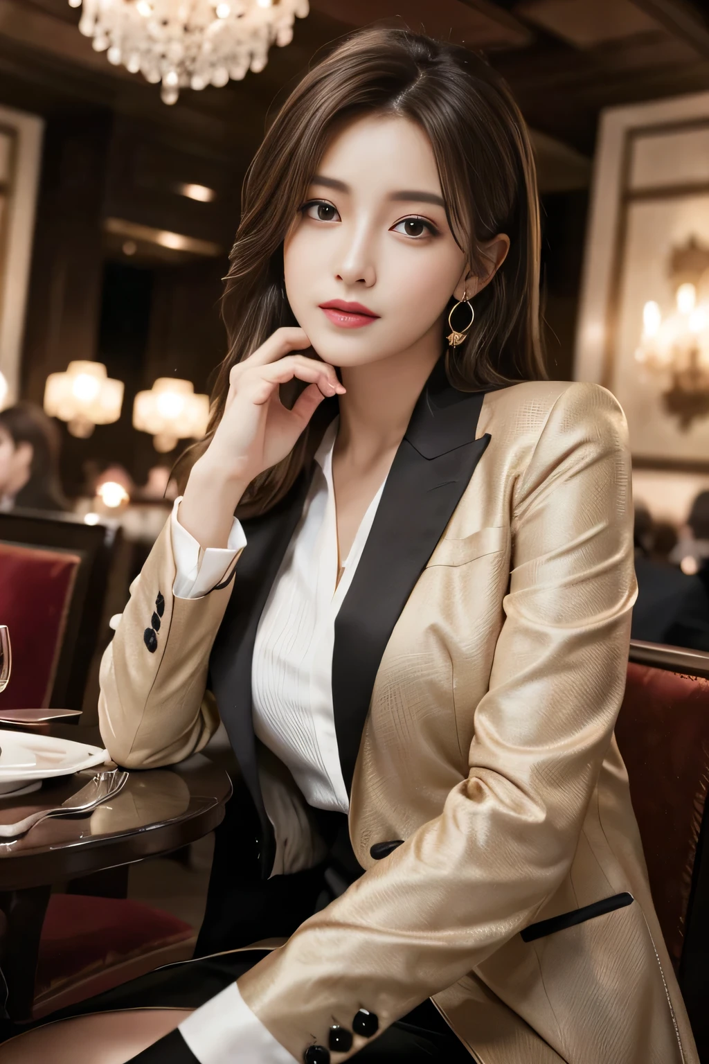 masterpiece, Highest quality, Realistic, Very detailed, Finer details, High resolution, 8k wallpaper, One beautiful woman,Wear a nice suit, In a great restaurant, At night, Light brown messy hair, Perfect dynamic composition, Beautiful and beautiful eyes、Big earrings、Sit on a chair