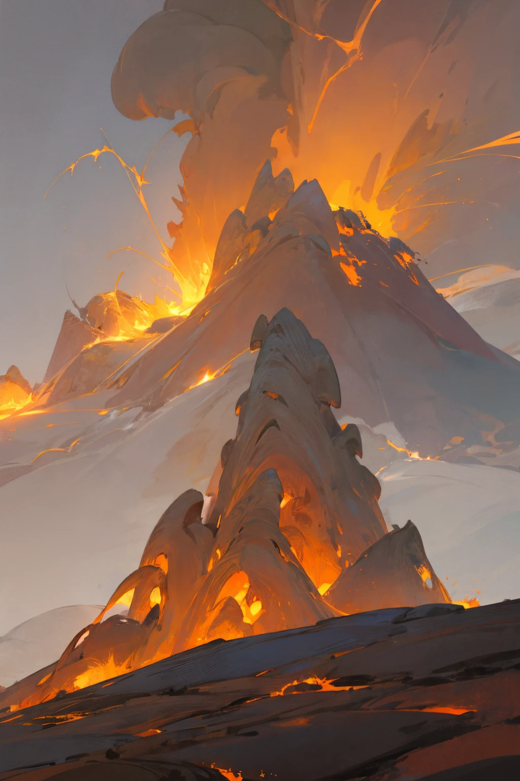The eruption, ash gray skies, molten lava flows, smoke billowing, fiery red glow, jagged rocks, a towering volcano, distant lightning.