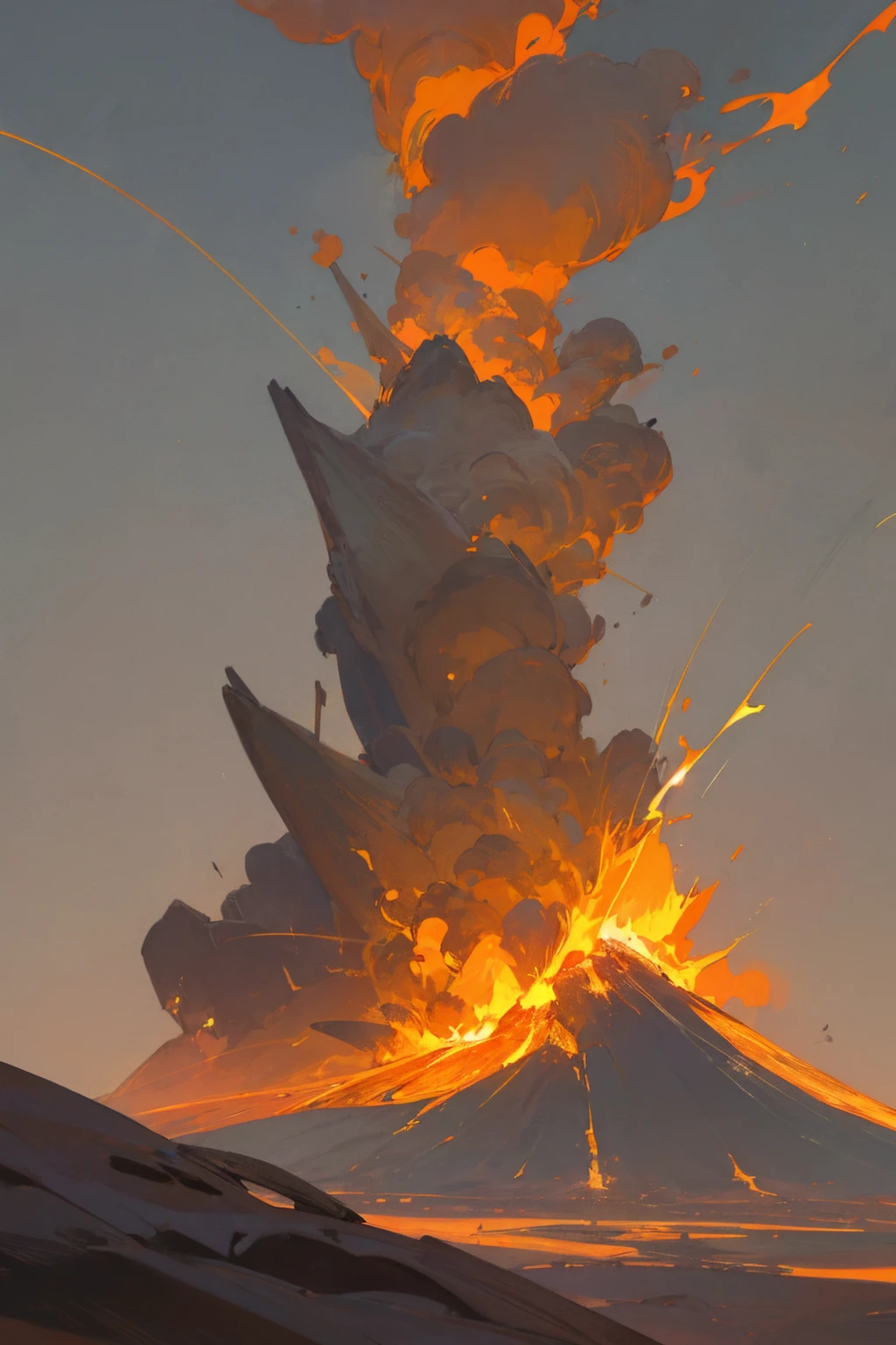 The eruption, ash gray skies, molten lava flows, smoke billowing, fiery red glow, jagged rocks, a towering volcano, distant lightning.