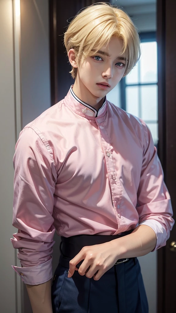 Young man, V of BTS, short and blonde hair, blue eyes, soft face, big lips, pink clothes, male body