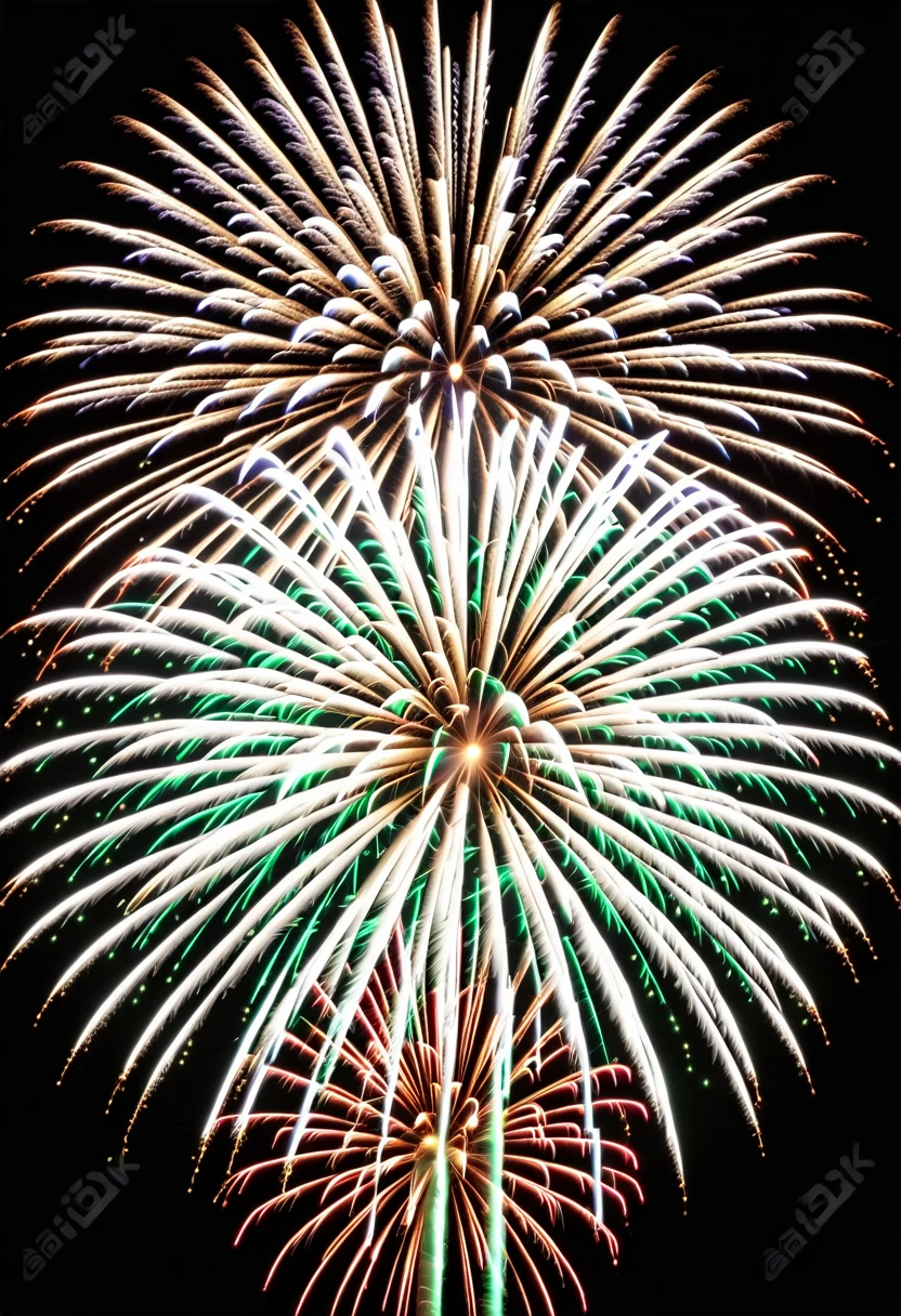 best quality, super fine, 16k, incredibly absurdres, extremely detailed, 2.5D, delicate and dynamic depiction, solid black image, fireworks display with iridescent flashes