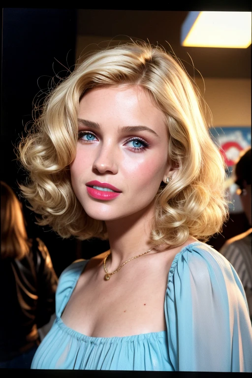 American white girl, blonde hair, blue eyes, disco, girls, 80's dresses, 80's haircuts, short cut, curls, fluffy blowout, newyork, 1980's, old photo, film grain, polaroid, 35mm film, camera flash, people in background, wide shot, (smoke:0.9), detailed skin texture, (blush:0.5), (goosebumps:0.5), subsurface scattering, ((awe and joy expression))