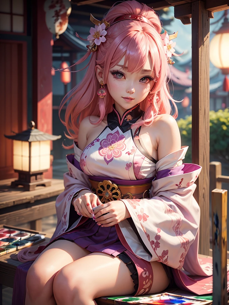 1girl, (ulzzang-6500:0.7), kpop idol, yae miko, bikini, detached sleeves, bare shoulders, pink hair, long hair, bikini, best quality, (painting:1.5), (hair ornament:1.35), jewelry, purple eyes, earrings, breasts, torii, cherry blossoms, lantern light, depth of field, detailed face, face focus, ribbon_trim, (looking at viewer:1.25), nontraditional miko, shiny skin, long sleeves, smile, thick lips, game cg, hands on lips, east asian architecture, (blurry background:1.2), sitting, upper body, bikini