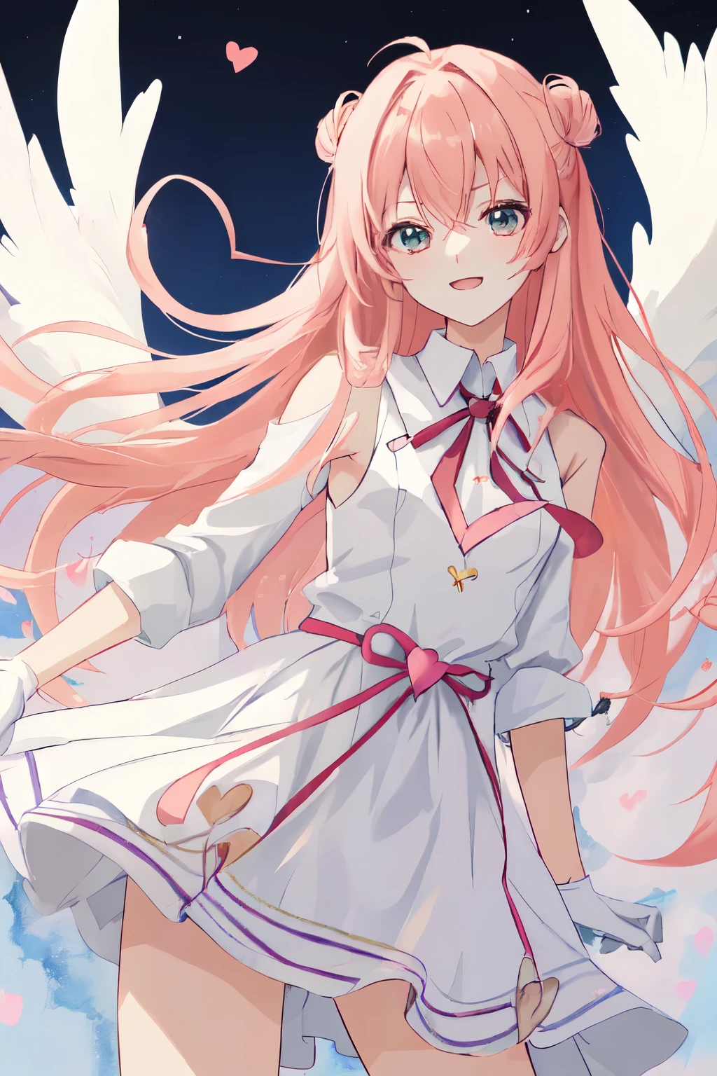 1_girl, (anime, kawai:2), (masterpeice, best_quality, clean:1.5), (sky_background:1.2), (cute, cute_smile, young:1.5), (delicate, beautiful, thin:1.5), (girlfriend, angel:1.8), (green_eyes, simple_eyes:1.5) (long_hair, blond_hair, wearing_pink_dress, pink_angel_wings, sexy_gloves:1.5), extremely_delicate, (love_magic:1.5), (age_size_fits_body), (small_thighs:1.3), (breasts), (eye_level:1.3), (heart_magic, love:1.5)