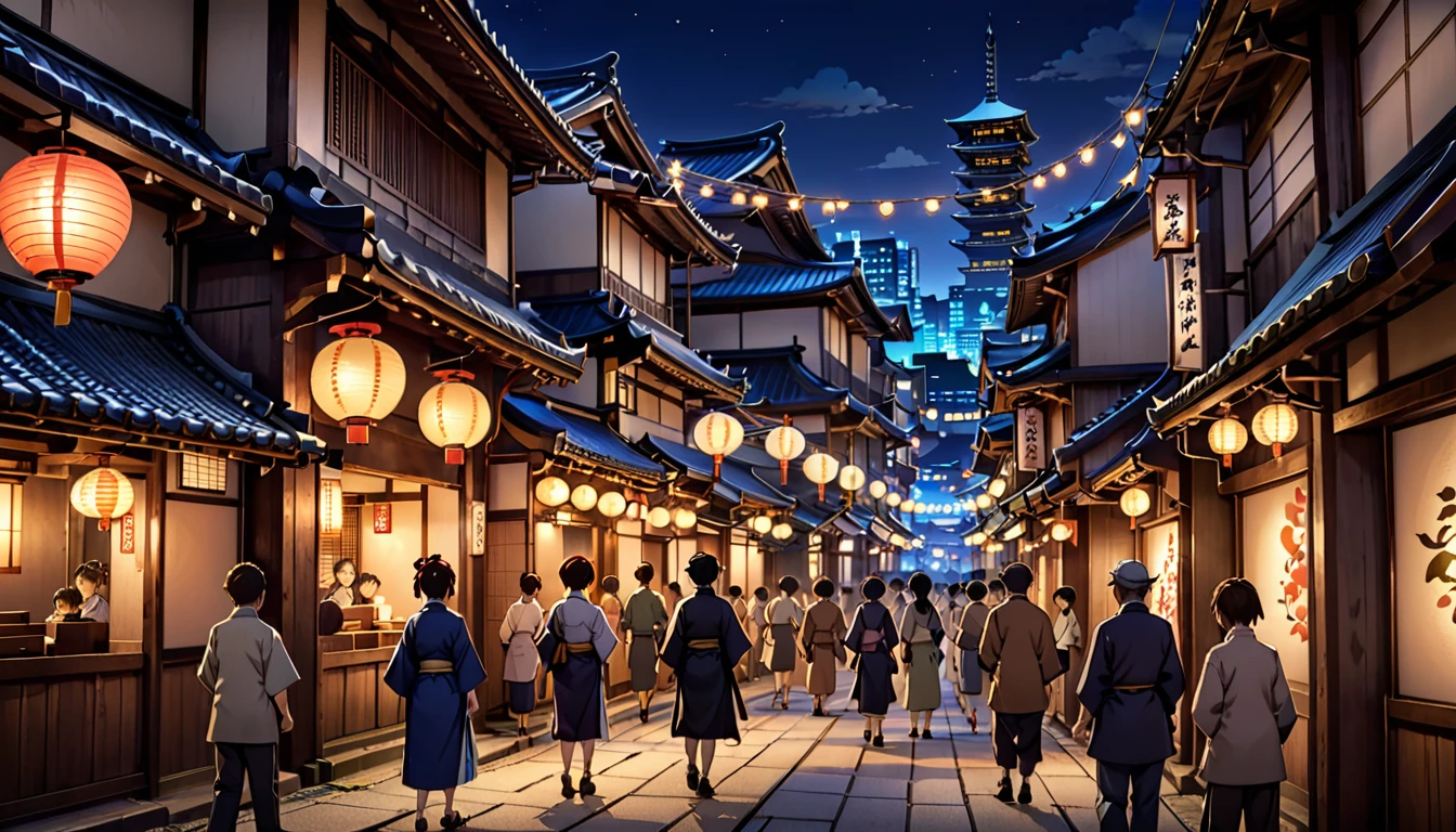 Fantastic, Edo town, night, people, lights, old Japanese town, bustling people, precision, anime, game-like screen, anime background painting, lighting
