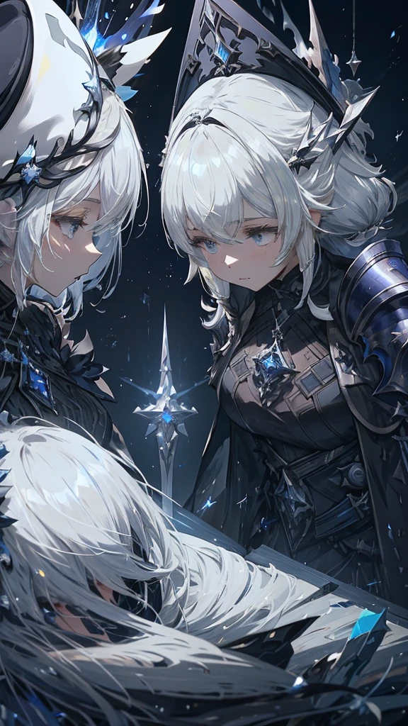 a close up of two women in costumes with swords and hats, from arknights, shadowverse style, beautiful celestial mage, artbook artwork, from bravely default ii, white haired deity, astri lohne, high detailed official artwork, lunar themed attire, granblue fantasy, marisa kirisame, detailed key anime art, cushart krenz key art feminine