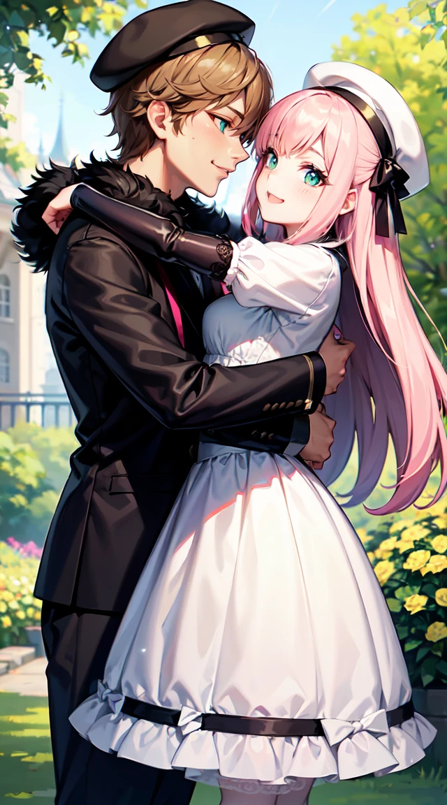 White skin girl, with green eyes , black fur, white and green ta clothing, smiling. Hugging a taller man with bubblegum pink hair, green eyes and white beret. Smiling in love. beautiful poses., Good quality, garden background with plants. flirtatious , Beautiful poses, lovers, boy and girl,