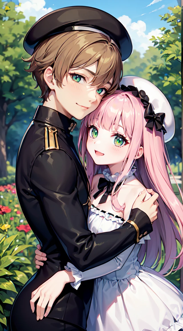 White skin girl, with green eyes , black fur, white and green lolita clothing, smiling. Hugging a taller man with bubblegum pink hair, green eyes and white beret. Smiling in love. beautiful poses., Good quality, garden background with plants. flirtatious , Beautiful poses, lovers, boy and girl,