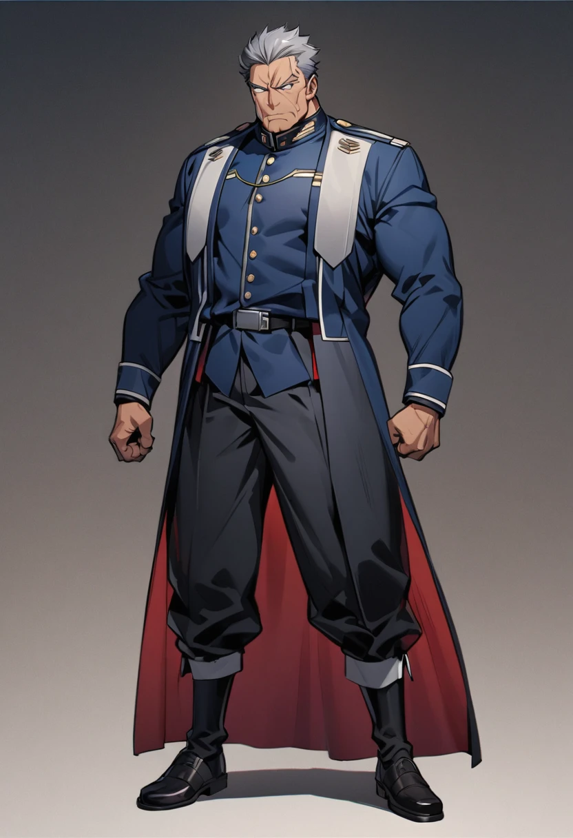 a 50-year-old male character, 2,0m high, short gray hair, blue colored eyes, skin tanned, fully body, tall and strong, wearing uniform.