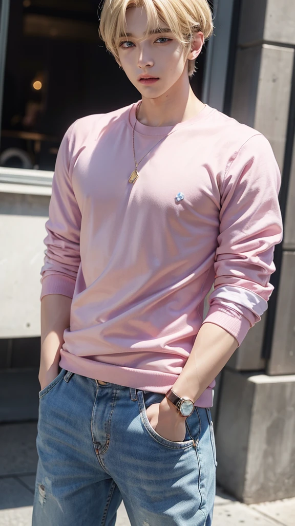 Young man, V of BTS, short and blonde hair, blue eyes, soft face, big lips, pink clothes, male body