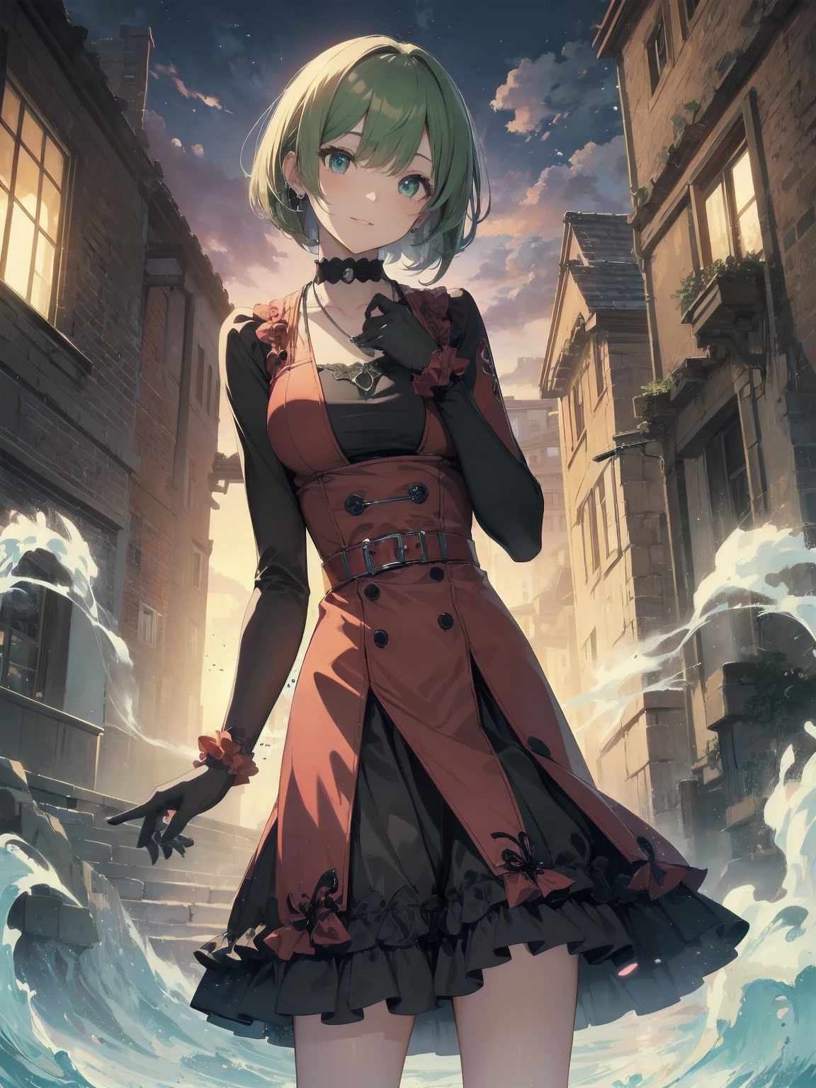 (Masterpiece:1.2), (Top quality: 1.2), Super high resolution, Very detailed,.
BREAK.
, ((Anime girl standing with happiness in her hands)), Crazy girl, (1,Lolita,Boyish, , 12 years old: 1.3), Light smile, , Girl looking like a boy, Bob-cut hair, Shaggy hair, Very large breasts, nubile, slender body, overflowing with soft fat mass. Small hips, Vertically large eyes, Fine and beautiful eyes, Well-proportioned irises and pupils, Expressive eyes, Beautifully detailed lips, High resolution detailed hair, Perfect eyes, Perfect face, Super dense skin, Full fingers, Perfect lighting,.
BREAK,.
((light green necklace)), ((black and red fine dress: 1.3)), light green tie, shining sapphire, lady, wearing white gloves,.
BREAK.
, (Steampunk), Castle balcony, Skyscraper, Night view, Equipment, Ancient ruins, Tradition, Overwhelming, Magnificent, Steam, Pipes, (Steam spewing out from pipes:1.2), Fantasy, Victorian other world, Early 19th century, Road, trees, clouds, night sky, shading, effects, detail. Masterpiece background,
BREAK.
((Positive: 1.3)),.
BREAK.
, digital animated art, cartoon-style illustrations, cartoon illustrations