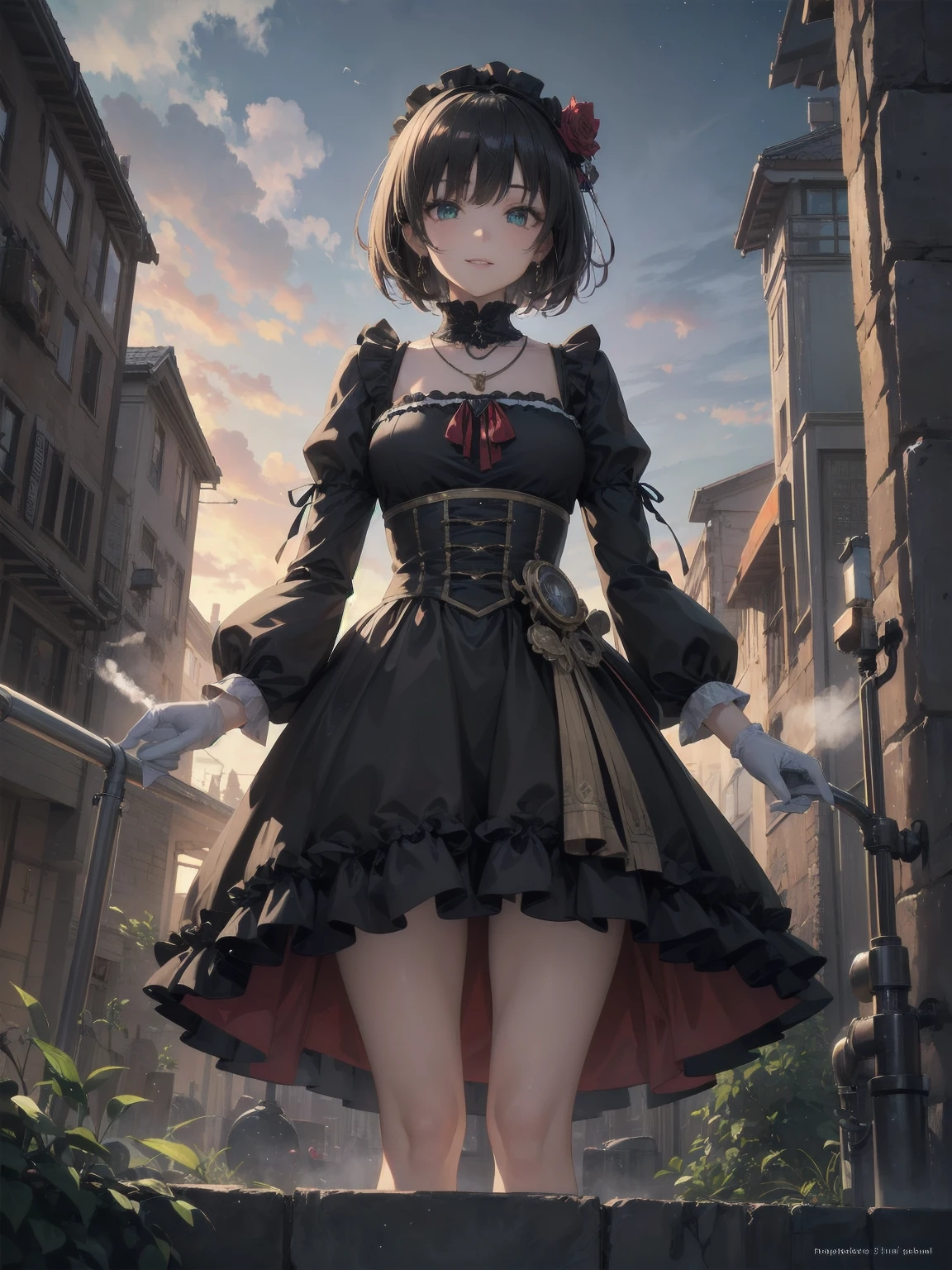 (Masterpiece:1.2), (Top quality: 1.2), Super high resolution, Very detailed,.
BREAK.
, ((Anime girl standing with happiness in her hands)), Crazy girl, (1,Lolita,Boyish, , 12 years old: 1.3), Light smile, , Girl looking like a boy, Bob-cut hair, Shaggy hair, Very large breasts, nubile, slender body, overflowing with soft fat mass. Small hips, Vertically large eyes, Fine and beautiful eyes, Well-proportioned irises and pupils, Expressive eyes, Beautifully detailed lips, High resolution detailed hair, Perfect eyes, Perfect face, Super dense skin, Full fingers, Perfect lighting,.
BREAK,.
((light green necklace)), ((black and red fine dress: 1.3)), light green tie, shining sapphire, lady, wearing white gloves,.
BREAK.
, (Steampunk), Castle balcony, Skyscraper, Night view, Equipment, Ancient ruins, Tradition, Overwhelming, Magnificent, Steam, Pipes, (Steam spewing out from pipes:1.2), Fantasy, Victorian other world, Early 19th century, Road, trees, clouds, night sky, shading, effects, detail. Masterpiece background,
BREAK.
((Positive: 1.3)),.
BREAK.
, digital animated art, cartoon-style illustrations, cartoon illustrations