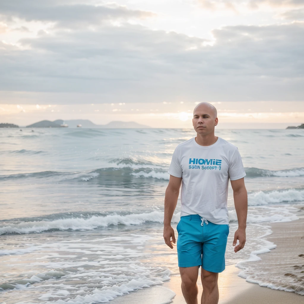 photography made with a DSLR camera d800 lens 1.8, speed 1300, realisitic, 30 years old man, walking along the beach, knee-deep in sea water, White shorts, blue social shirt, baldie, offwhite, in the background a horizon with mountains and a sunset, nblurry background