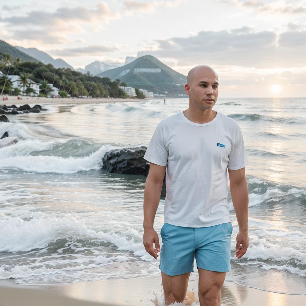 photography made with a DSLR camera d800 lens 1.8, speed 1300, realisitic, 30 years old man, walking along the beach, knee-deep in sea water, White shorts, blue social shirt, baldie, offwhite, in the background a horizon with mountains and a sunset, nblurry background