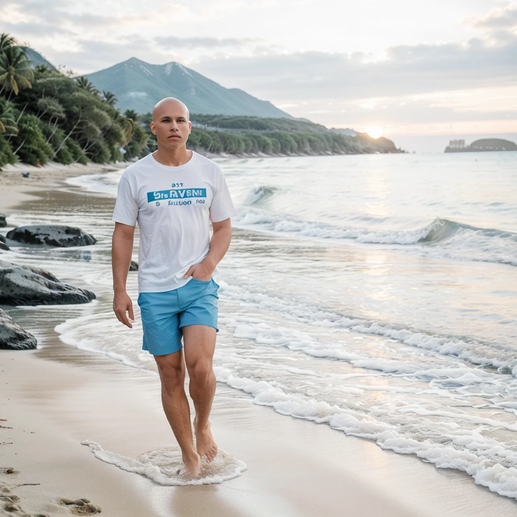 photography made with a DSLR camera d800 lens 1.8, speed 1300, realisitic, 30 years old man, walking along the beach, knee-deep in sea water, White shorts, blue social shirt, baldie, offwhite, in the background a horizon with mountains and a sunset, nblurry background