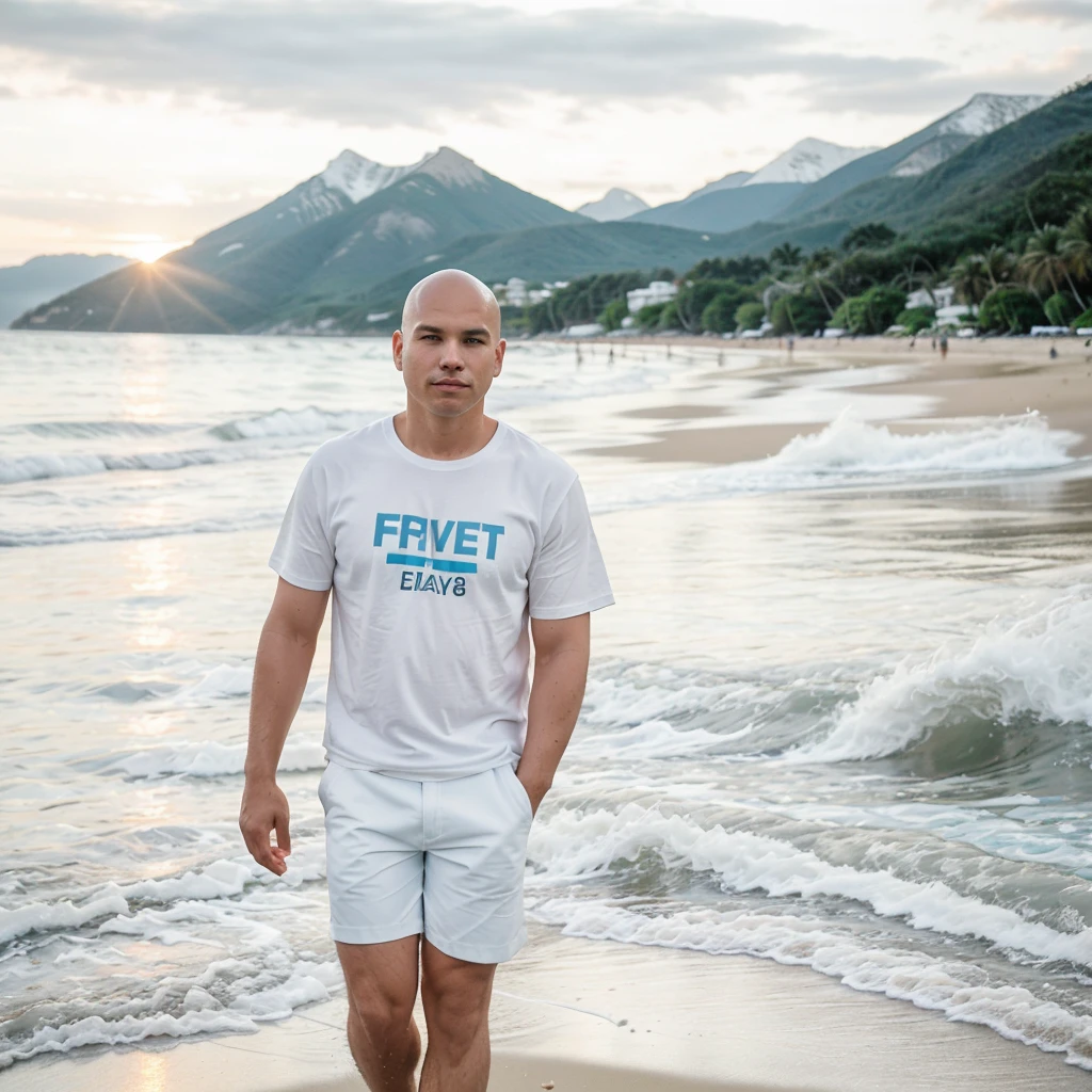 photography made with a DSLR camera d800 lens 1.8, speed 1300, realisitic, 30 years old man, walking along the beach, knee-deep in sea water, White shorts, blue social shirt, baldie, offwhite, in the background a horizon with mountains and a sunset, nblurry background