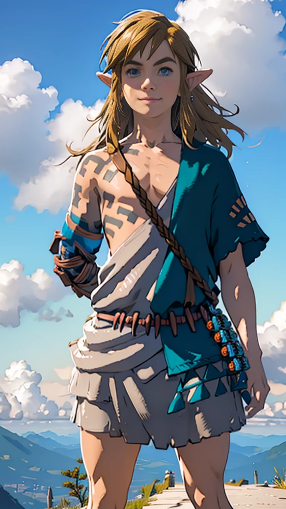 botw、Link、Subjective、looking at the camera、sky diving、male、Light blue hoodie、Masterpiece、Highest quality、male体型、Flowing Hair、smile、Simple Background、