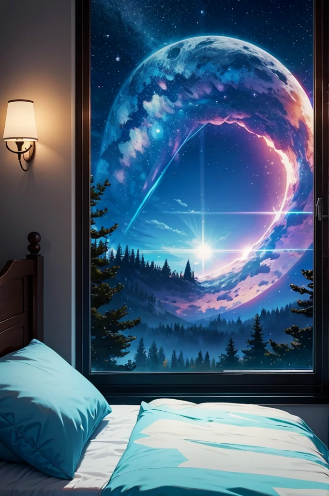 looking at the magic portal lying next to the window at night in bed