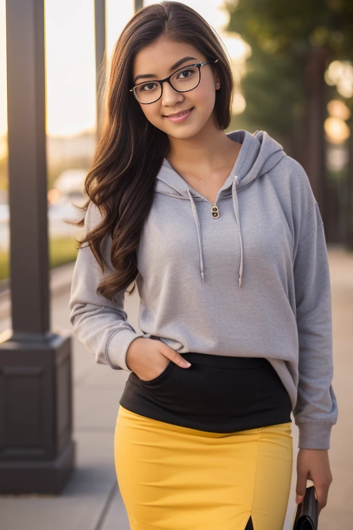 (best quality,4k,8k,highres,masterpiece:1.2),ultra-detailed,(realistic,photorealistic,photo-realistic:1.37), female 20 year old college student, tan-bronze skin with thin layer of freckles, long black hair with orange highlights, curly hair, amber colored eyes, (Wearing a yellow hoodie, black pencil skirt, glasses)
