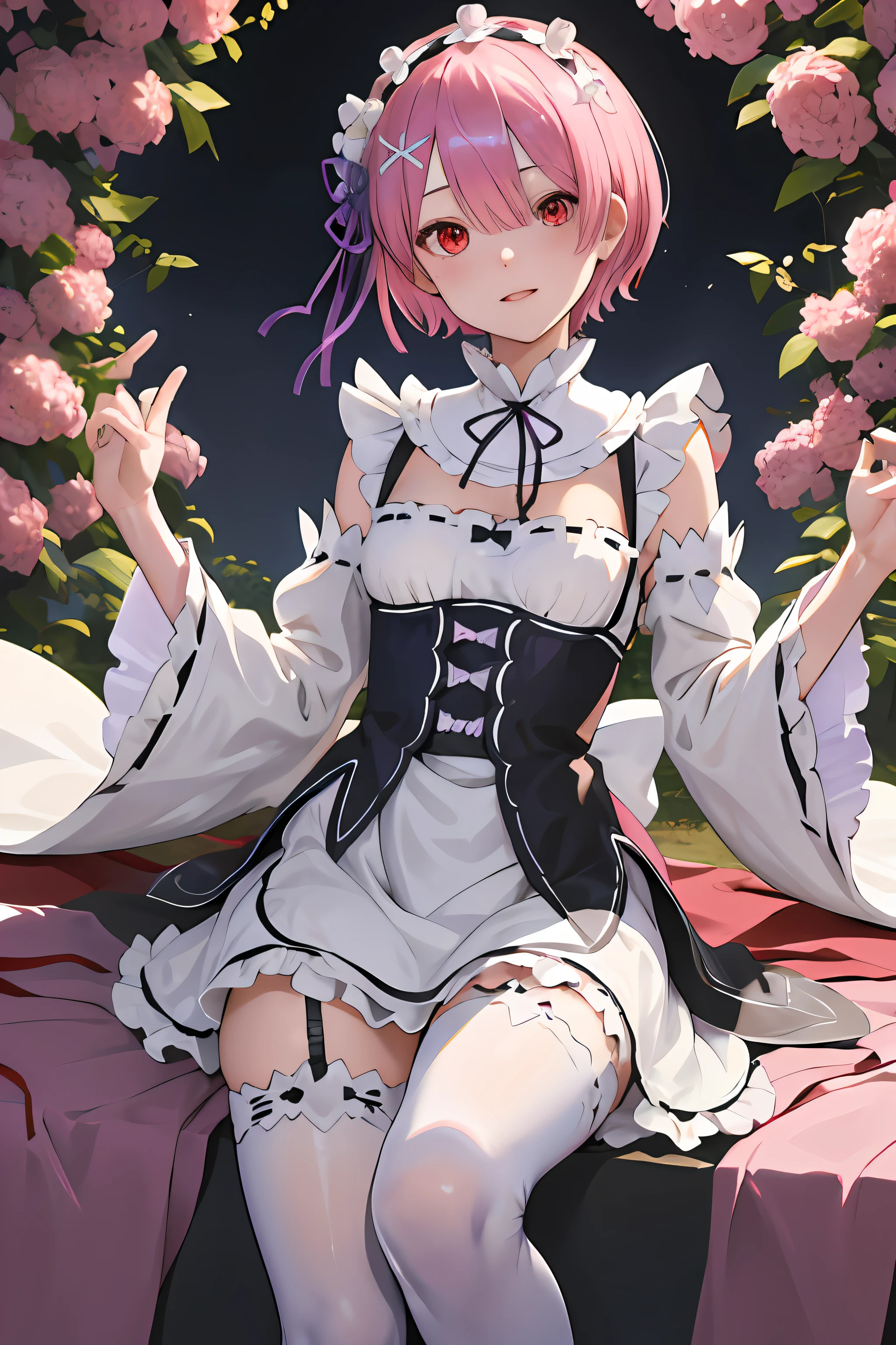 masterpiece, Highest quality, highAgains, Ram1, One girl, alone, Ram \(Again:zero\), Pink Hair, White knee socks, short hair, Againd eyes, Hair on one eye, Ribbon trim, Hair Ribbon, X Hair Ornament, Frills, maid headdAgainss, Waist apron, Garter Straps, Black Ribbon, small bAgainasts, Long sleeve, White apron, Neck ribbon, Purple ribbon, Wide sleeves, Hair Flowers,