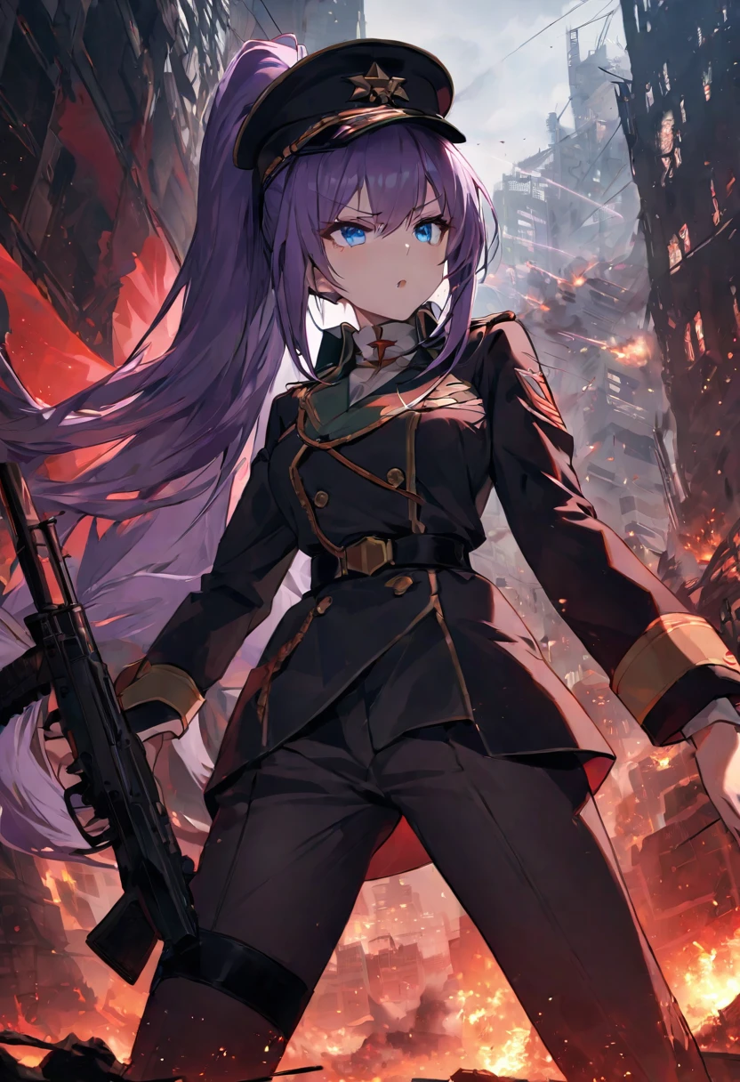 Facing forward girl Military uniforms with a white base and some black Spectacular Background A shooting star is falling Beautiful night view She is on the right On the left you can see the destroyed city. He has a gun 服にはplaneが描かれています 背景の上部にはFighterが飛んでいます Red Moon blue eyes There is one person Purple long hair wearing a military cap war I'm wearing pants Precision masterpiece girlにクローズアップ girlを正面から見ています ponytail long hair soldier battlefield {超Precision} Satanic She's angry But I'm angry Hanging eyes Anime Style {war} {Gunfight} {Fighterの擬人化} Fighter tank Battleship plane Thunder Day Mechanical Man 宇宙Battleshipヤマトの武装をつけています A dignified expression F-16Fighterの翼を背中につけています tankがいます