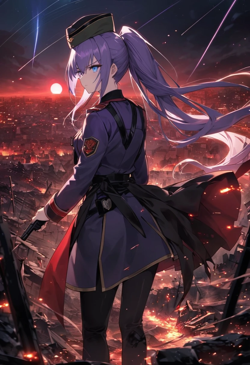 Facing forward　girl　Military uniforms with a white base and some black　Spectacular Background　A shooting star is falling　Beautiful night view　　　She is on the right　On the left you can see the destroyed city.　He has a gun　　　服にはplaneが描かれています　背景の上部にはFighterが飛んでいます　Red Moon　blue eyes　　There is one person　Purple long hair　wearing a military cap　war　I'm wearing pants　Precision　masterpiece　girlにクローズアップ　girlを正面から見ています　ponytail　long hair　soldier　battlefield　{超Precision} Satanic　She's angry　But I&#39;m angry　Hanging eyes　Anime Style　 {war} {Gunfight} {Fighterの擬人化} Fighter　tank　Battleship　plane　Thunder Day　Mechanical Man　宇宙Battleshipヤマトの武装をつけています　A dignified expression　F-16Fighterの翼を背中につけています　tankがいます