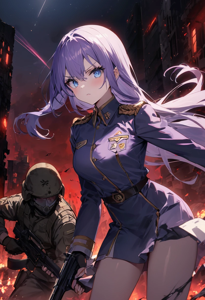 Facing forward　girl　Military uniforms with a white base and some black　Spectacular Background　A shooting star is falling　Beautiful night view　　　She is on the right　On the left you can see the destroyed city.　He has a gun　　　服にはplaneが描かれています　背景の上部にはFighterが飛んでいます　Red Moon　blue eyes　　There is one person　Purple long hair　wearing a military cap　war　I'm wearing pants　Precision　masterpiece　girlにクローズアップ　girlを正面から見ています　ponytail　long hair　soldier　battlefield　{超Precision} Satanic　She's angry　But I&#39;m angry　Hanging eyes　Anime Style　 {war} {Gunfight} {Fighterの擬人化} Fighter　tank　Battleship　plane　Thunder Day　Mechanical Man　宇宙Battleshipヤマトの武装をつけています　A dignified expression　F-16Fighterの翼を背中につけています　tankがいます