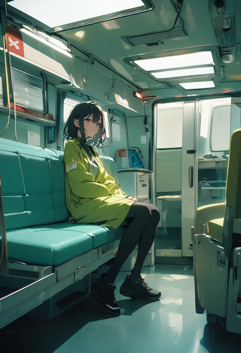 a sitting in an ambulance