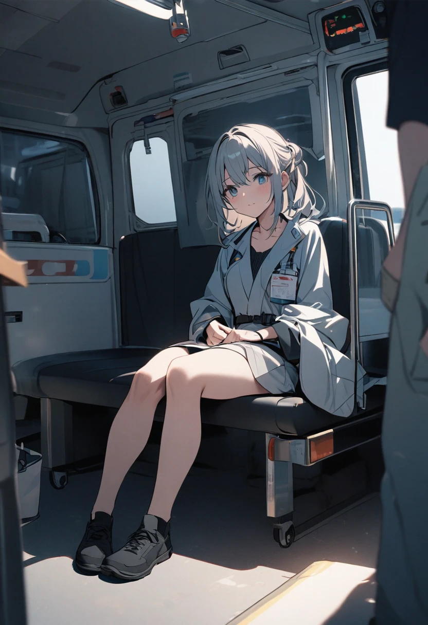 a  sitting in an ambulance