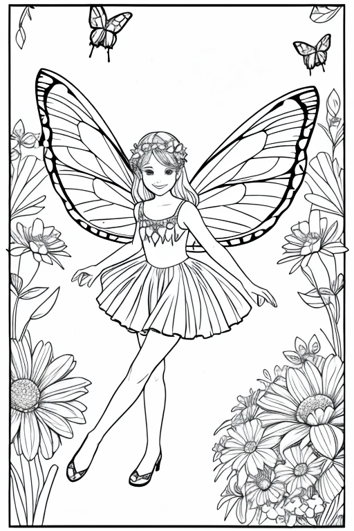 Fairy with butterfly wings flying among the flowers
coloring page