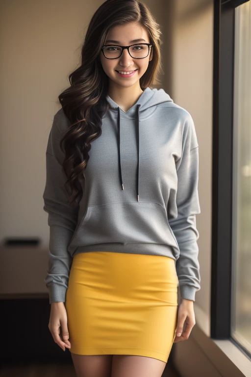 (best quality,4k,8k,highres,masterpiece:1.2),ultra-detailed,(realistic,photorealistic,photo-realistic:1.37), female 20 year old college student, tan-bronze skin with thin layer of freckles, long black hair with orange highlights, curly hair, amber colored eyes, (Wearing a yellow hoodie, black pencil skirt, glasses)
