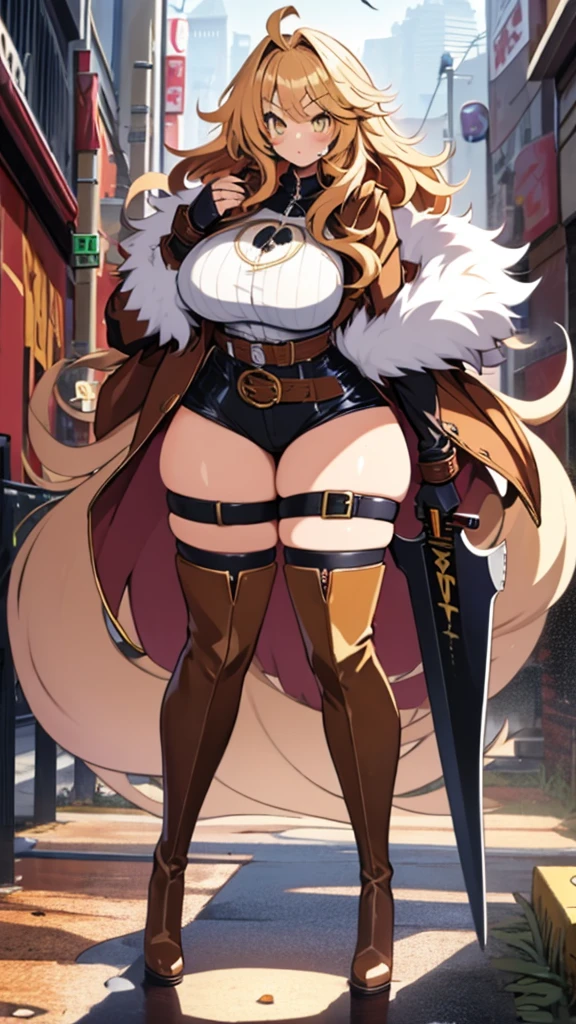 Anime, 1 girl, dijon-colored hair, huge fluffy hairstyle, lemon colored eyes, busty, gorgeous plump body, burnt-umber colored coat, fluffy coat, tight red bustier, Hunter belt, fluffy mini shorts, thicc tighs, fluffy boots, large tail, Holding a gigantic sword