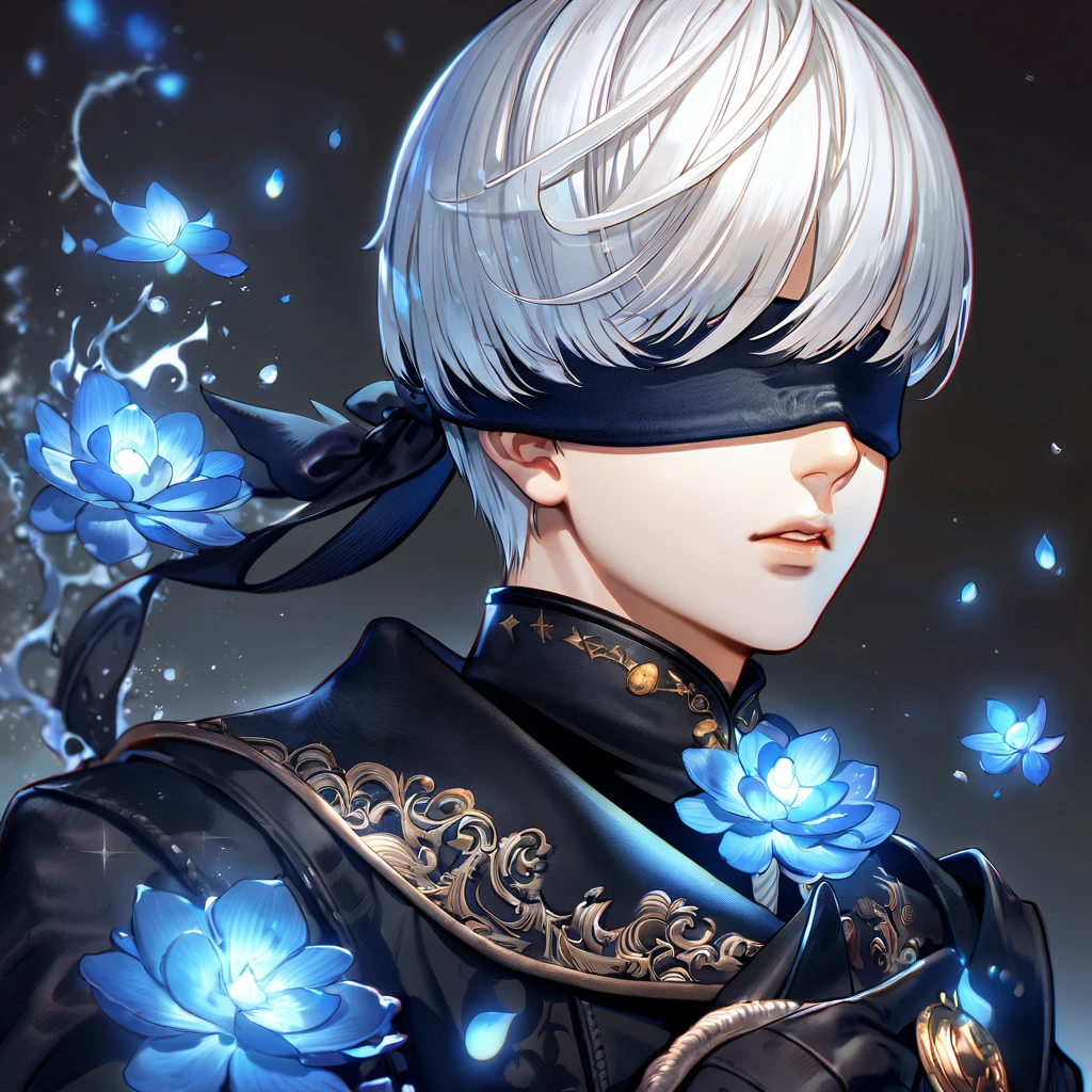 Ultra detailed, highres, absurdres, HDR, master piece, 9S, white hair with bangs, blindfolded eyes, black clothes, black gloves, Nier Automata, blue petals, sexy man, solo, best quality, blue blossoms, blue shining fireflies, fantasy, magical, handsome, blue moon, blue flowers, magic, water