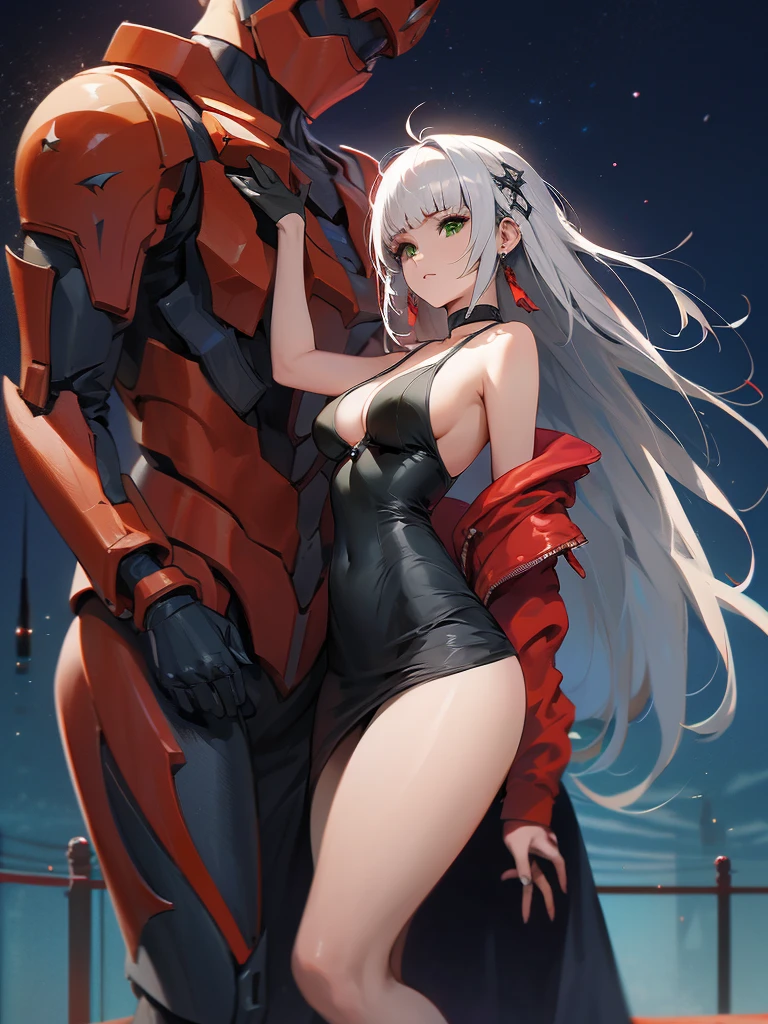 by Wlop,(Masterpiece),(Highest quality:1.4), (Highest Detailed:1.3), (8k very detailed CG unit wallpaper), anime girl in short shorts and jacket standing next to giant robot, artwork in the style of guweiz, cyberpunk anime girl mech, trending on cgstation, guweiz, by Russell Dongjun Lu, digital cyberpunk anime art, ross tran 8 k, guweiz on artstation pixiv, girl in mecha cyber armor (1 girl, Gray hair, extremely long hair, low twin braids, green eyes, , Determined) (Digital) (Details in the fitting room, (evening dress, plunging neckline)) , best quality, stlouis, corps entier, white hair random face, yeux bleus, Dark Purple Gossamer Cape, Dark purple Gossamer dress, lace underwear, collier, collier, earrings, , Gossamer Gloves Dark Purple, bas, bijoux, joaillerie, Head Ornament, ornement des mains, Ornement de jambes, bracelet, bracelet de cheville, talons hauts, huge breasts, gros seins, gros seins, Burst breasts, gros seins, seins pleins, breasts exposed, narrow waist,, gros cul, ventre nu, nombril nu, Cul nu, gros cul, ventre nu, ventre nu, sexy, sueur, peau brillante, perfect female body, (Rendered in ultra-high definition, (UHD) resolution 8K:1.4), perfect beautiful body

