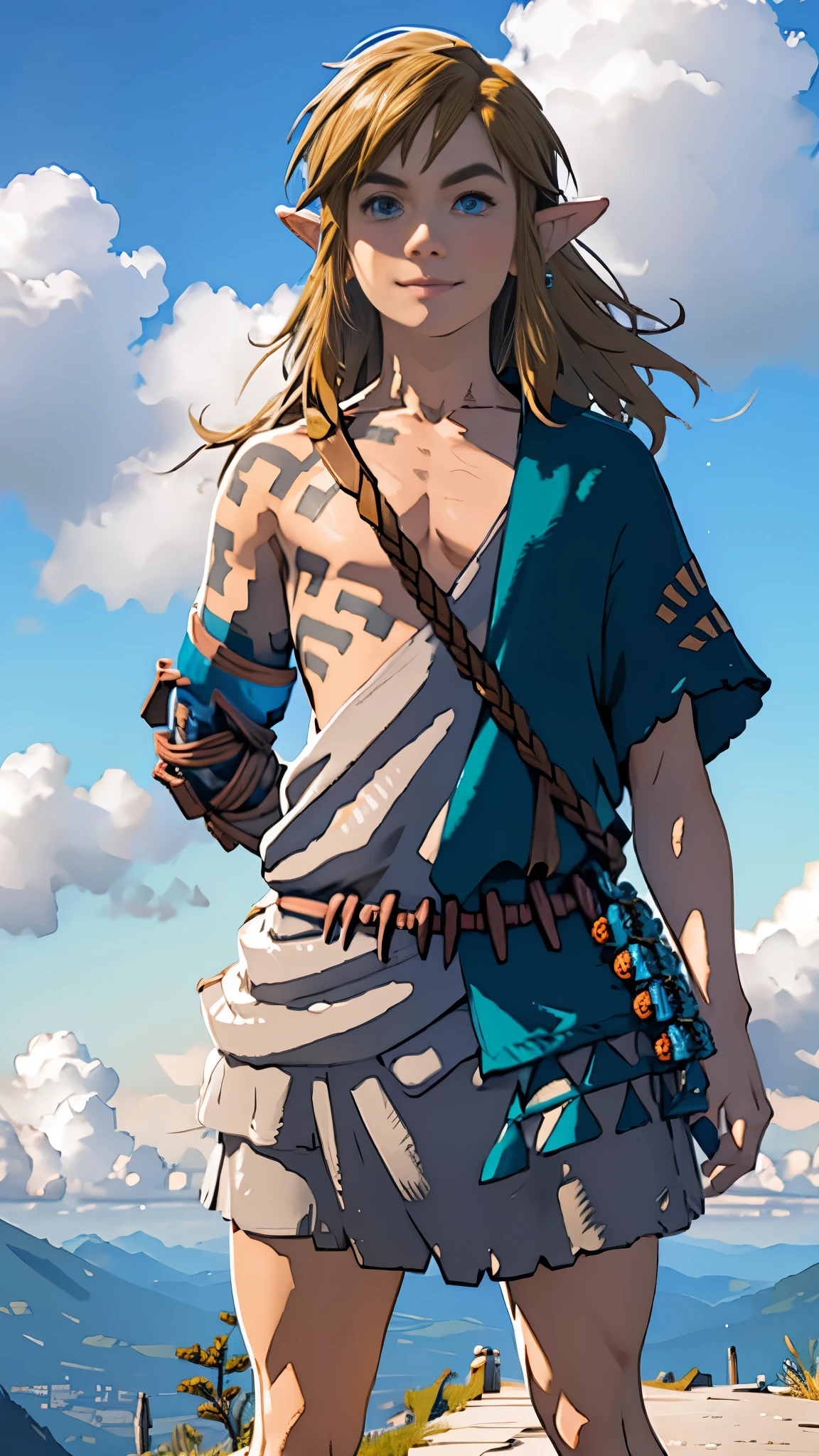 botw、Link、Subjective、looking at the camera、sky diving、male、Light blue hoodie、Masterpiece、Highest quality、male体型、Flowing Hair、smile、Simple Background、