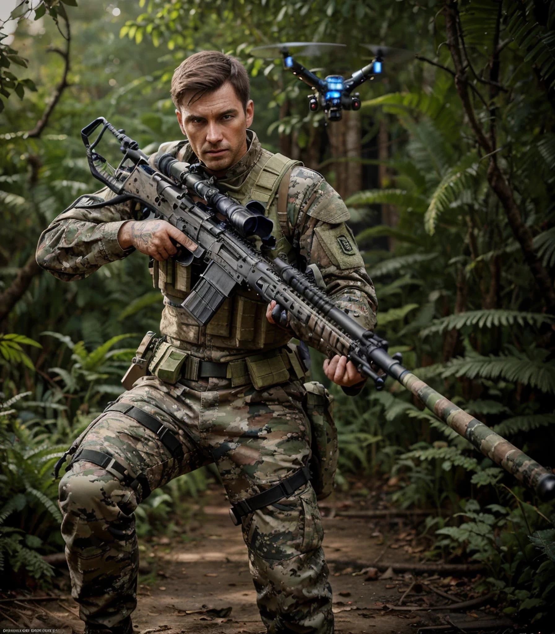 male soldier, German face, rude expression, short brown hair, green and blue military uniform, bulletproof vest, carries a sniper rifle, next to him a small cyborg drone flies and emits blue light, he is in a highly realistic African jungle, 4k, Ultra detailed image, realistic, Highly detailed, perfect composition, gorgeous, Intricately detailed, incredibly detailed, Art photography 8K, hyper detailed, Masterpiece, Ultra detailed, hyper realistic, 4k, Ultra detailed image, realistic, Highly detailed, perfect composition , beautiful, intricately detailed, incredibly detailed, art photography 8k, hyper detailed, masterpiece
