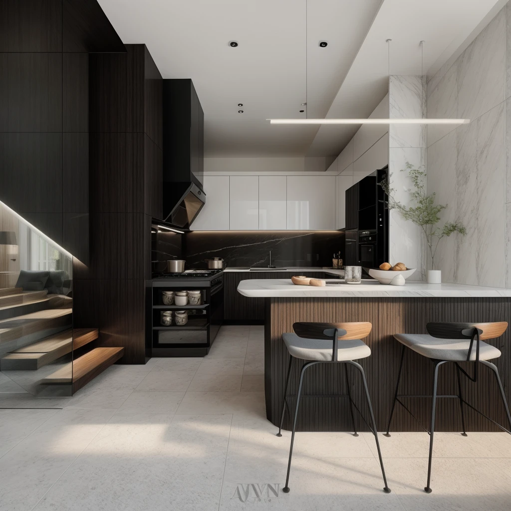 RAW photo, 8k uhd, dslr, soft lighting, high quality, film grain, Fujifilm XT3, interior of kitchen, modern style, black wood, black tile, sofa, table, chair, stair, tree, daylight,