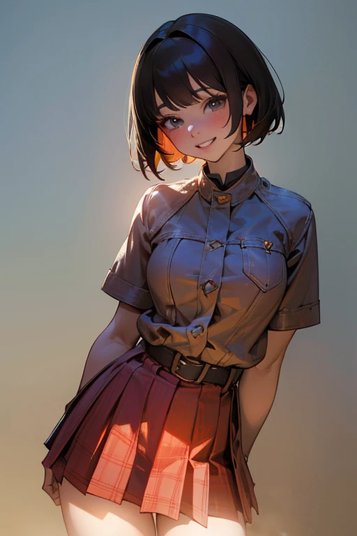 (8K, RAW Photos, Highest quality, masterpiece, Realistic, Realistic), (1 female), (The ultimate beautiful girl), Highly detailed face, (Perfect Teeth), Bright red checked pleated mini skirt、明るいブロンDの髪、Beautiful Eyes, double eyelid, eyelash, ((smile)), Lip details, (Brunette Bob), The light shines on your face, Big Breasts, , (whole body)((background: kitchen))(最高masterpiece, Highest quality:1.2), (Highest quality,4K,8K,High resolution,masterpiece:1.2), Super detailed, (Realistic,photoRealistic,photo-Realistic:1.37),Innocent atmosphere、 cute, 明るいブロンDの髪、Bright red checked pleated mini skirt、Denim Jacket、Black tights、Brown boots、In good detail, D, in a a明るい環境 with Directional light, extremely In good detail, Dark Environment, Directional light, Dreamy atmosphere, Vibrant colors, Soft Shadows, Seems kind, Magical atmosphere, Expertly crafted details, Complex Texture, Meticulous shading, キラキラしたエメラルDの澄んだ美しいな目, 愛らしいsmile, It's vibrant and alive., Pixar animation quality, Captivating Charm, A captivating presence, Imaginative styling,, Dreamy settings, Atmospheric lighting, pay attention to facial features, emotional expression, Colorful palette, 複雑なbackgroundの詳細, Carefully sculpted shape, Fun and engaging 、最高masterpiece、