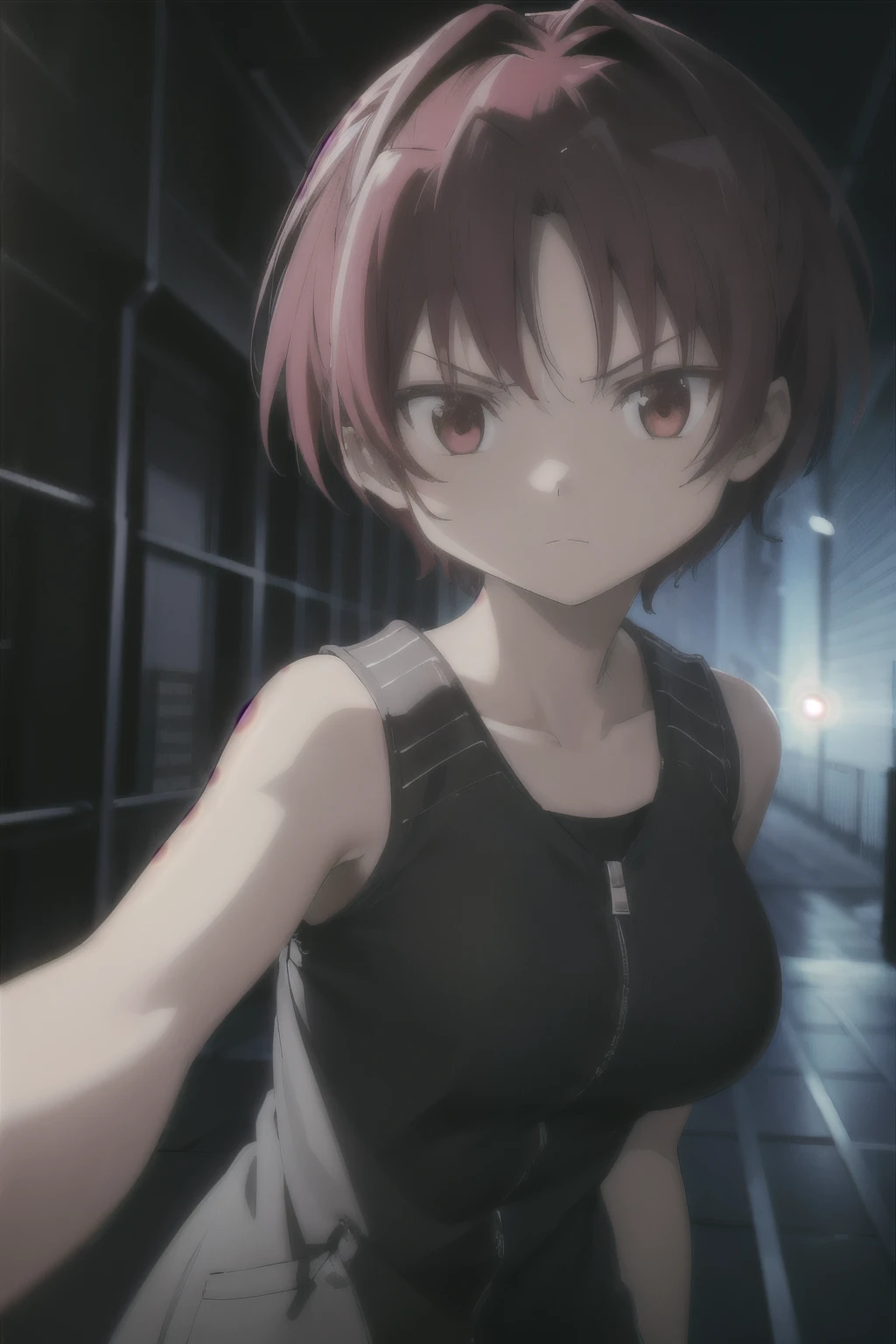 1woman, short red hair, red eyes, serious expression, tomboy, big breasts, athletic, wearing black sci fi coat, tank top, isolated on completely pitch black background, absurdres, high res, ultrasharp, 8K, masterpiece, looking at viewer, HDR, sci-fi, professional, vivid colors, sharp focus, studio lighting, absurdres, bokeh, static