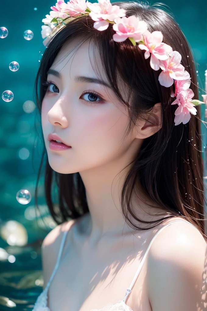 A beautiful Japanese girl is shown underwater surrounded by bubbles.。She floats near the surface、Face and body half submerged in water。High transparency of water、The light refracts in the water and creates beautiful patterns on her skin.。

Her hair is wet and、It spreads softly around the face。Air bubbles float on the hair and water surface.、It creates a very fantastic atmosphere.。Her eyes are big、She has a calm expression as if she is looking into the distance.。The light reflected in your eyes、It brings life to her eyes。

Her skin is smooth and has a healthy glow.、The light reflects off the water, creating a fantastic glow.。Her lips are pale pink、Gives a natural beauty。She is wearing a white lace bustier、The delicate design perfectly matches her soft personality.。

The blue of the water in the background and the bubbles blend in well.、Creates a beautiful color contrast。Bubbles and air bubbles in the water、The way she is surrounded by colours is very beautiful.。The effects of light and shadow created by the reflection and refraction of light、It gives movement and depth to this image.。

as a whole、This image is美少女の幻想的で夢のような美しさを見事に捉えています。Her soft expression and bubbles、Underwater light and shadow become one、It creates a very charming and poetic scene.。This image is、This piece gives the viewer a sense of serenity and beauty.。