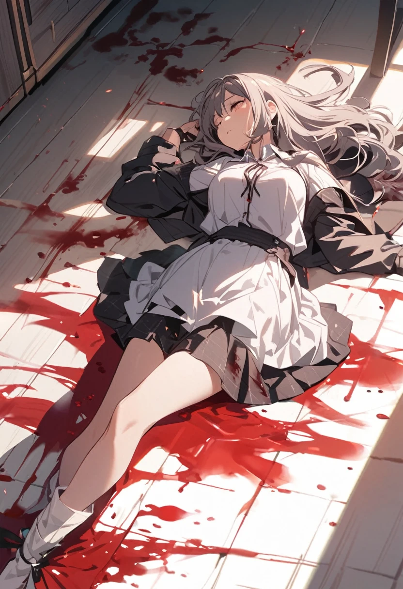 a woman lying on the floor with blood around her