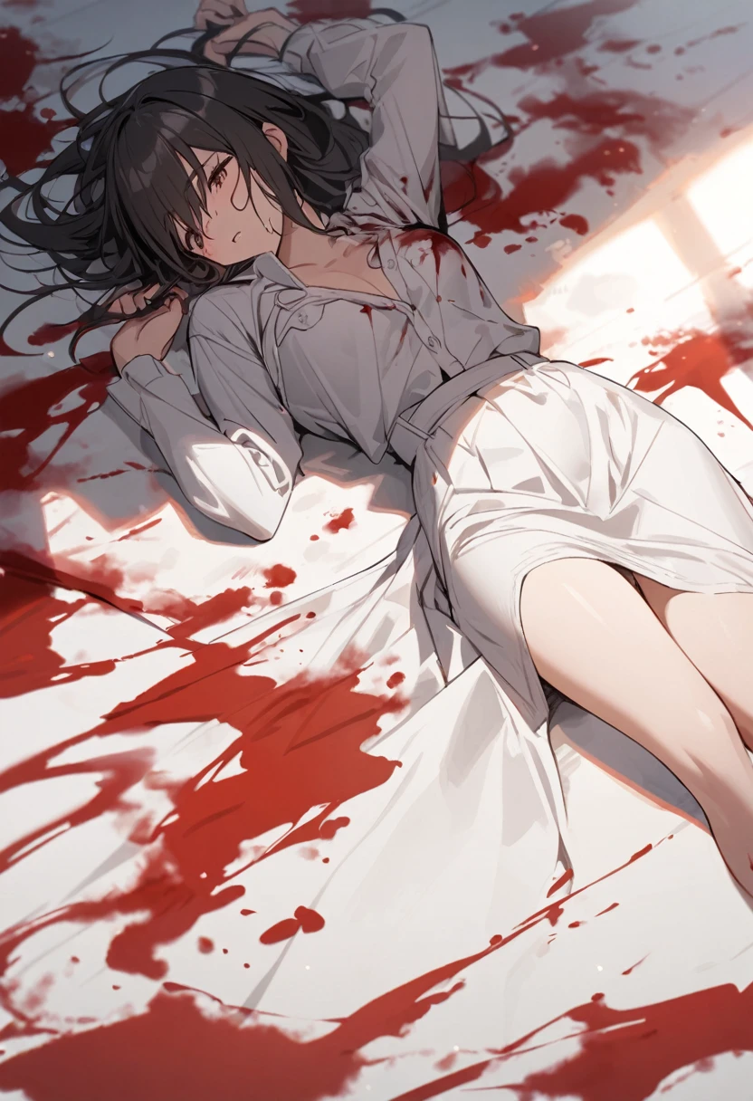 a woman lying on the floor with blood around her