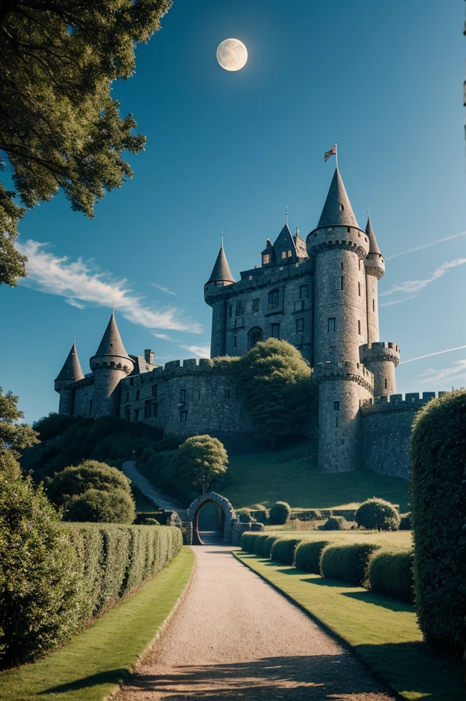 Path in the sky that leads to a castle, that has a moon in the background, May it be at night and an albino dragon guarding 