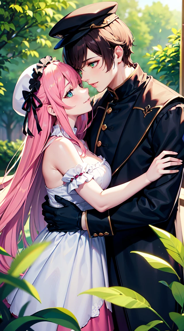 white skin woman, with green eyes , black fur, white and green ta clothing, smiling. Hugging a taller man with dark pink hair, green eyes and white beret. Smiling in love. beautiful poses., Good quality, garden background with plants. flirtatious , Beautiful poses, lovers, boy and girl,