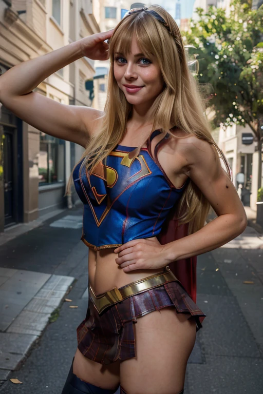 a Girl ((Dressed as Supergirl)) beautiful beautiful (supermodel) Realistic (blue eyes), (She is smiling: 1.1), perfect face, split lips, (Best quality, 8k, Masterpiece: 1.3), perfect hands, clear focus: 1.2, perfect body beauty: 1.4, thin abdomen: 1.2, highly detailed face and skin texture, detailed eyes, (long blonde hair with bangs: 1.3) standing, dynamic pose, (in an urban city)
